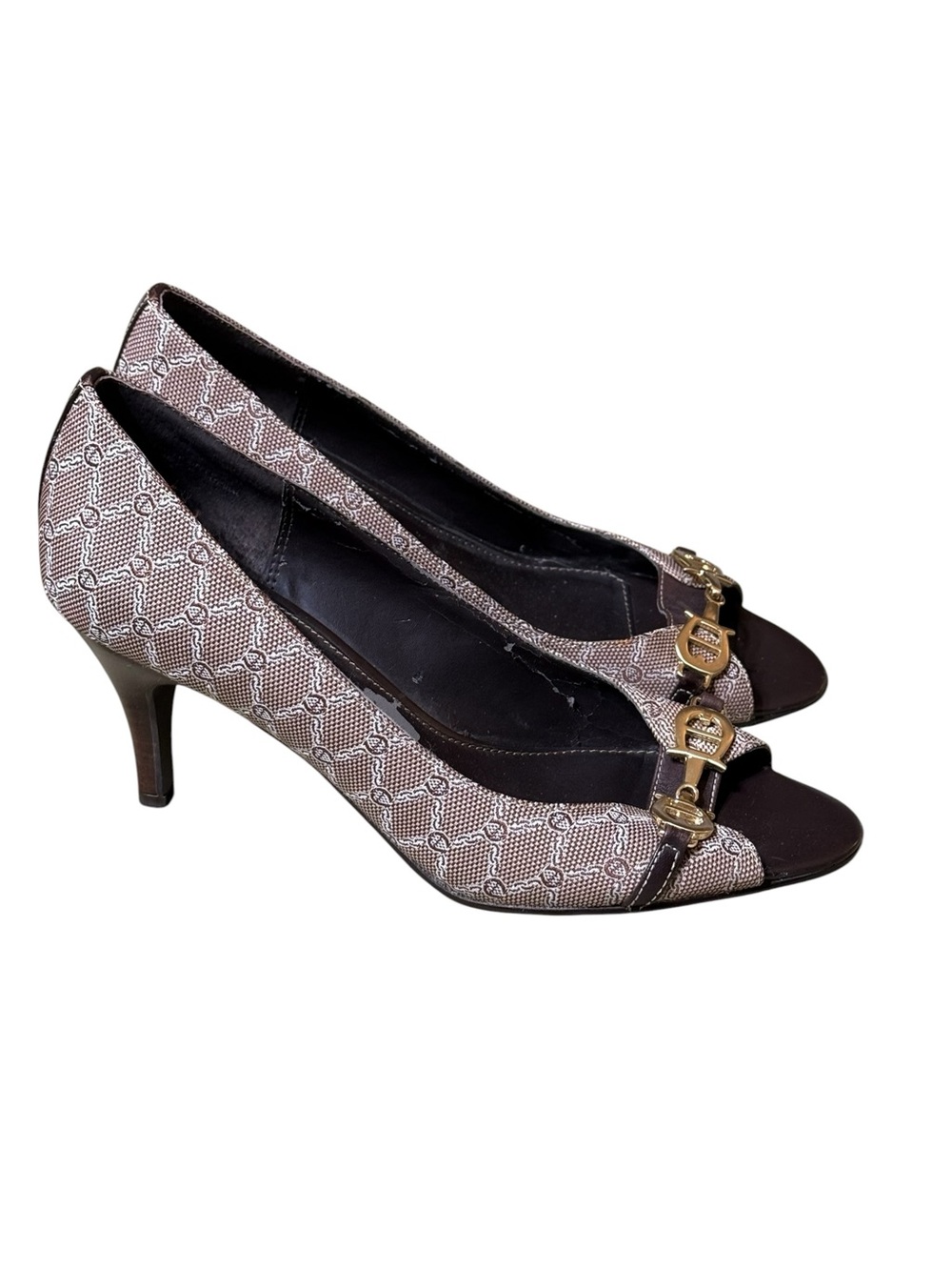Etienne Aigner Signature Canvas Peep Toe Pumps Gold Buckle Brown Women 7